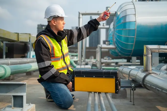 Technician testing air in the field